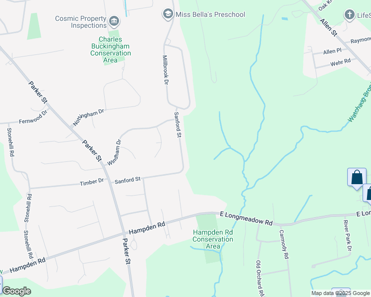 map of restaurants, bars, coffee shops, grocery stores, and more near 115 Sanford Street in East Longmeadow