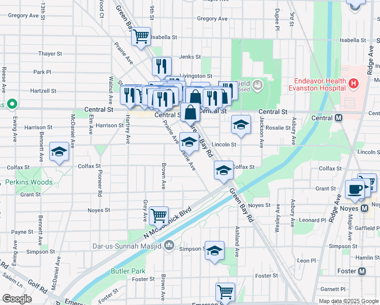 map of restaurants, bars, coffee shops, grocery stores, and more near 2417 Prairie Avenue in Evanston