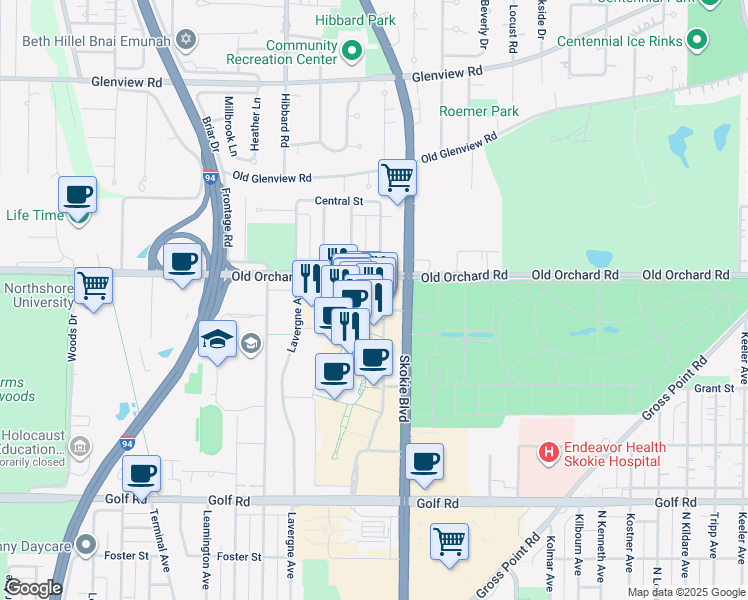map of restaurants, bars, coffee shops, grocery stores, and more near 4999 Old Orchard Shopping Center in Skokie