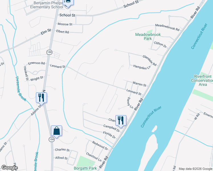 map of restaurants, bars, coffee shops, grocery stores, and more near 212 Leonard Street in Agawam