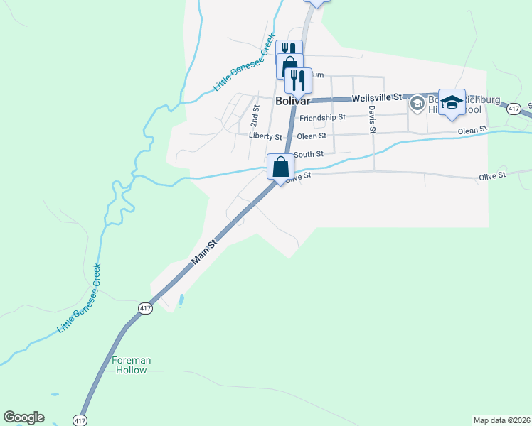 map of restaurants, bars, coffee shops, grocery stores, and more near 63 Prospect Street in Bolivar