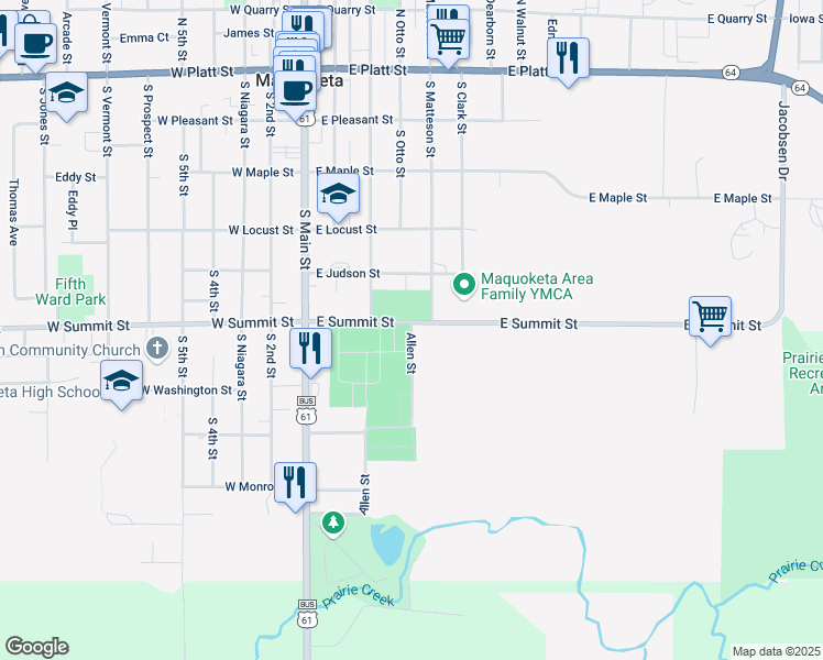 map of restaurants, bars, coffee shops, grocery stores, and more near 115 Allen Street in Maquoketa