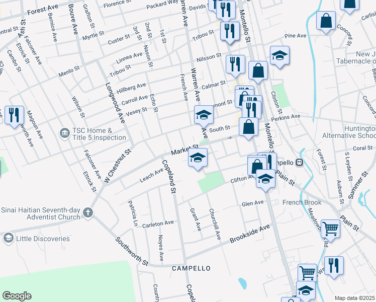 map of restaurants, bars, coffee shops, grocery stores, and more near 120 Market Street in Brockton