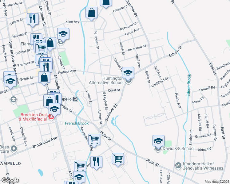 map of restaurants, bars, coffee shops, grocery stores, and more near 55 Coral Street in Brockton