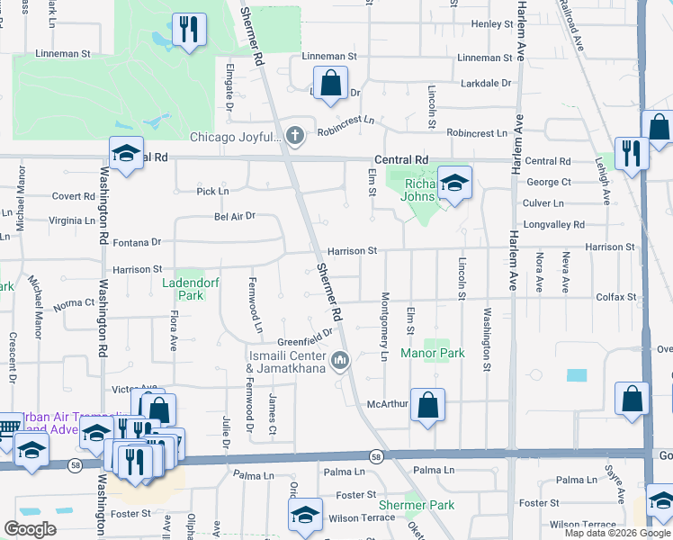 map of restaurants, bars, coffee shops, grocery stores, and more near 2222 Birchwood Court in Glenview