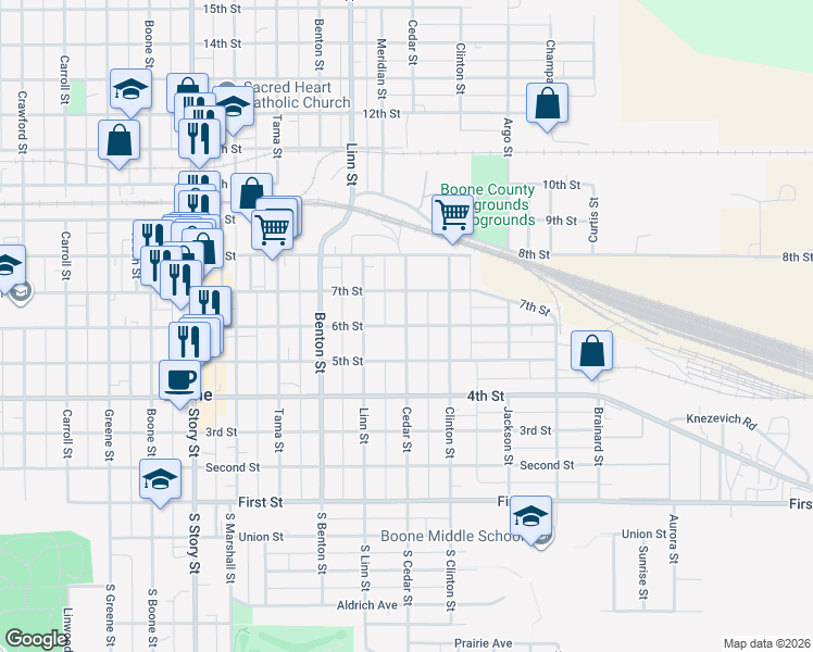 map of restaurants, bars, coffee shops, grocery stores, and more near 598 Cedar St in Boone