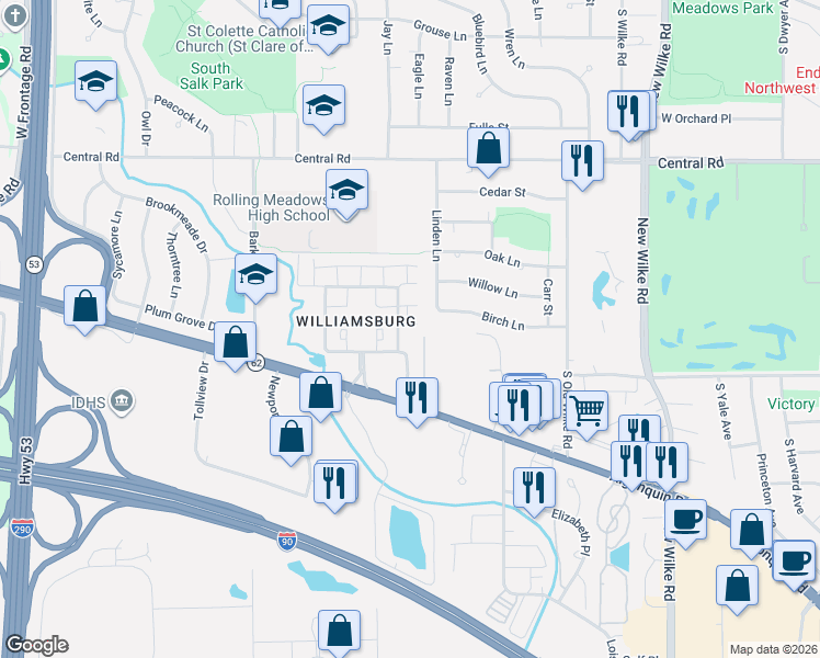 map of restaurants, bars, coffee shops, grocery stores, and more near 2510 West Algonquin Road in Rolling Meadows