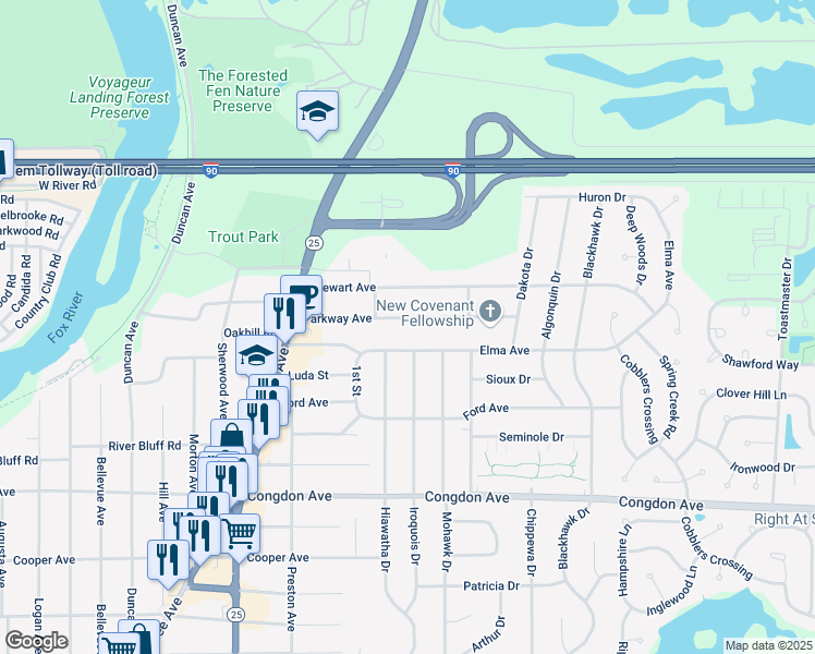 map of restaurants, bars, coffee shops, grocery stores, and more near 758 Elma Avenue in Elgin