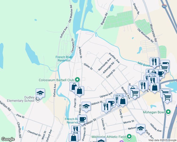 map of restaurants, bars, coffee shops, grocery stores, and more near 85 Slater Street in Webster
