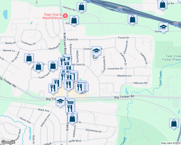 map of restaurants, bars, coffee shops, grocery stores, and more near 1367 Todd Farm Drive in Elgin