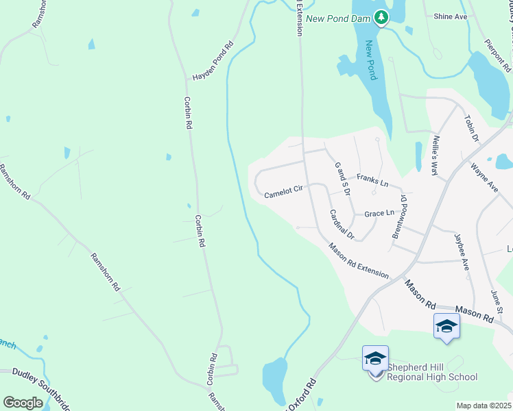 map of restaurants, bars, coffee shops, grocery stores, and more near 11 Camelot Circle in Dudley
