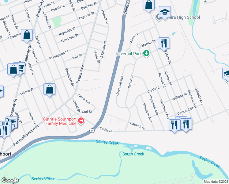 map of restaurants, bars, coffee shops, grocery stores, and more near 283 Universal Ave in Elmira