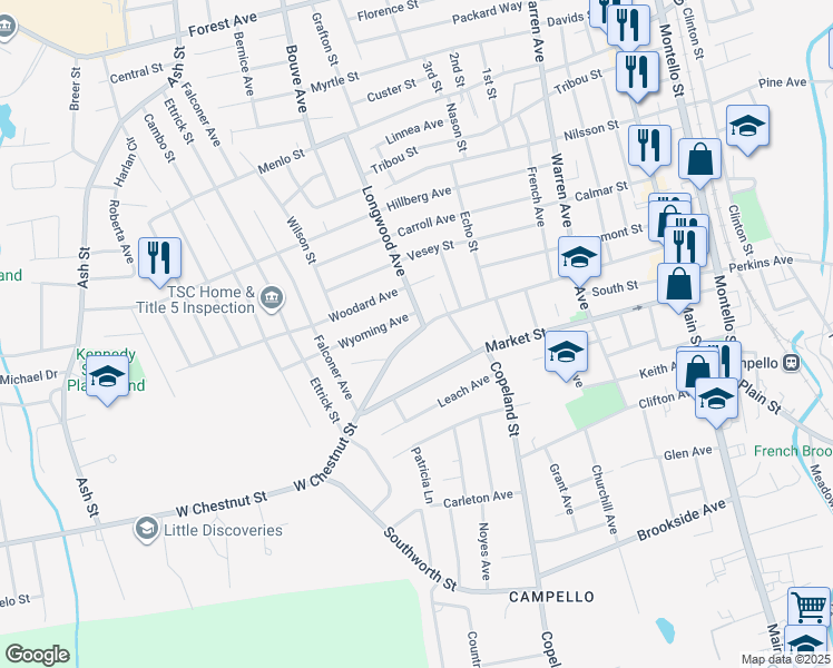 map of restaurants, bars, coffee shops, grocery stores, and more near 224 West Chestnut Street in Brockton