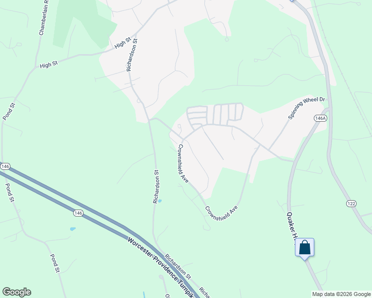 map of restaurants, bars, coffee shops, grocery stores, and more near 164 Crownshield Avenue in Uxbridge