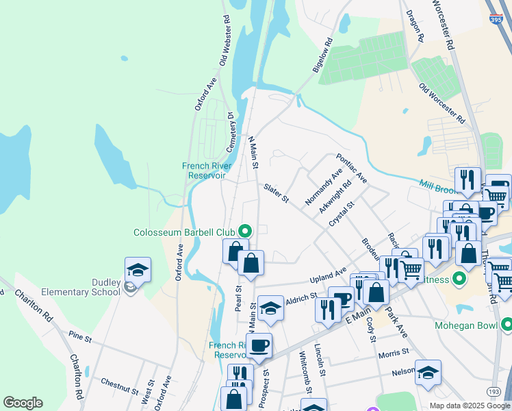 map of restaurants, bars, coffee shops, grocery stores, and more near 32 Market Street in Webster