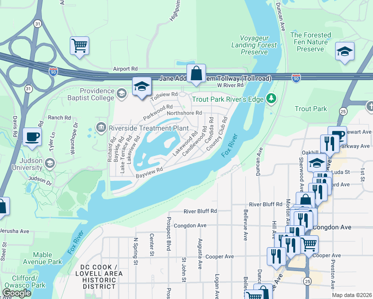 map of restaurants, bars, coffee shops, grocery stores, and more near 1110 Candlewood Road in Elgin