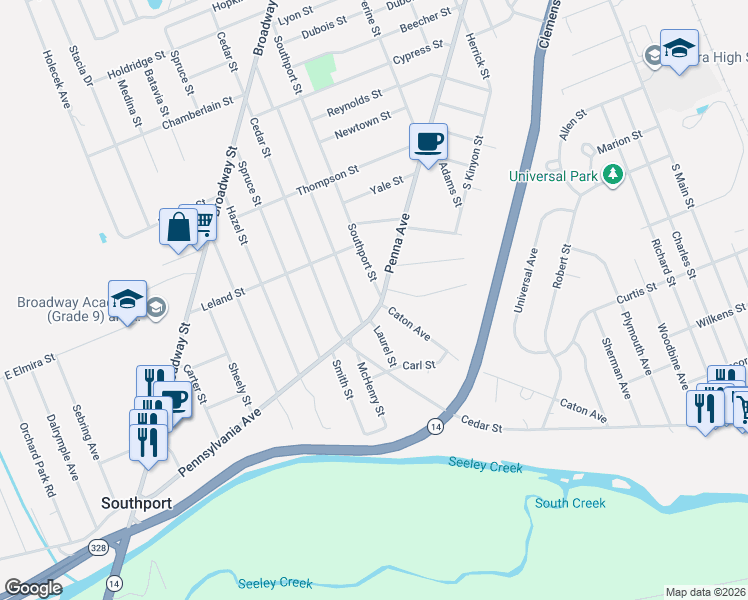 map of restaurants, bars, coffee shops, grocery stores, and more near 952 Penna Avenue in Elmira