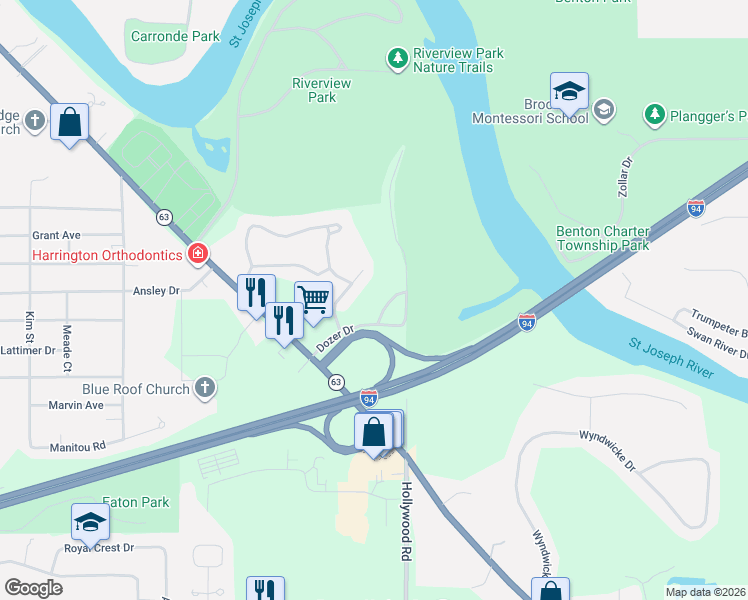map of restaurants, bars, coffee shops, grocery stores, and more near 3100 Ridgeview in St. Joseph
