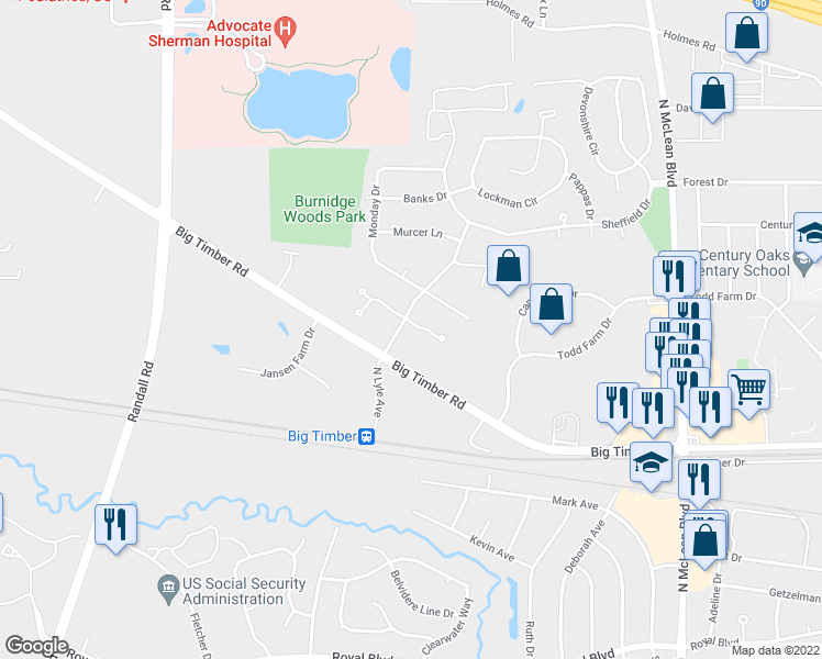 map of restaurants, bars, coffee shops, grocery stores, and more near 1955 Matthew Court in Elgin