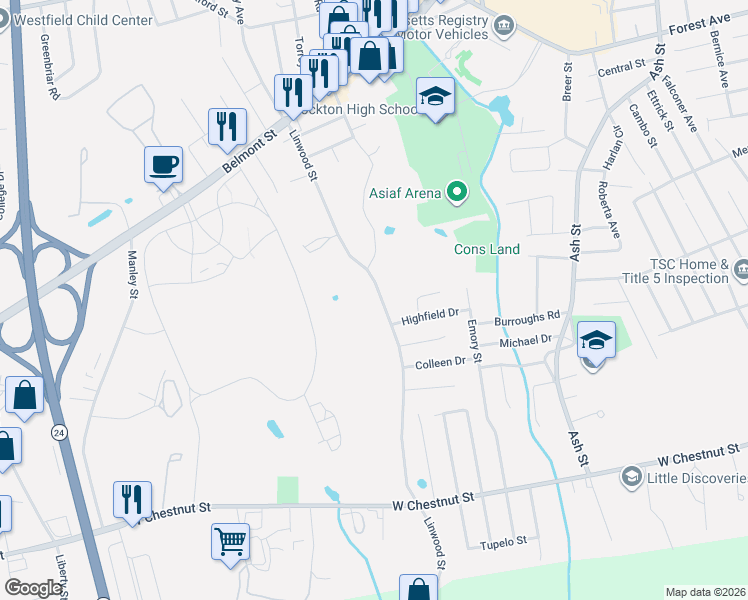map of restaurants, bars, coffee shops, grocery stores, and more near 197 Linwood Street in Brockton