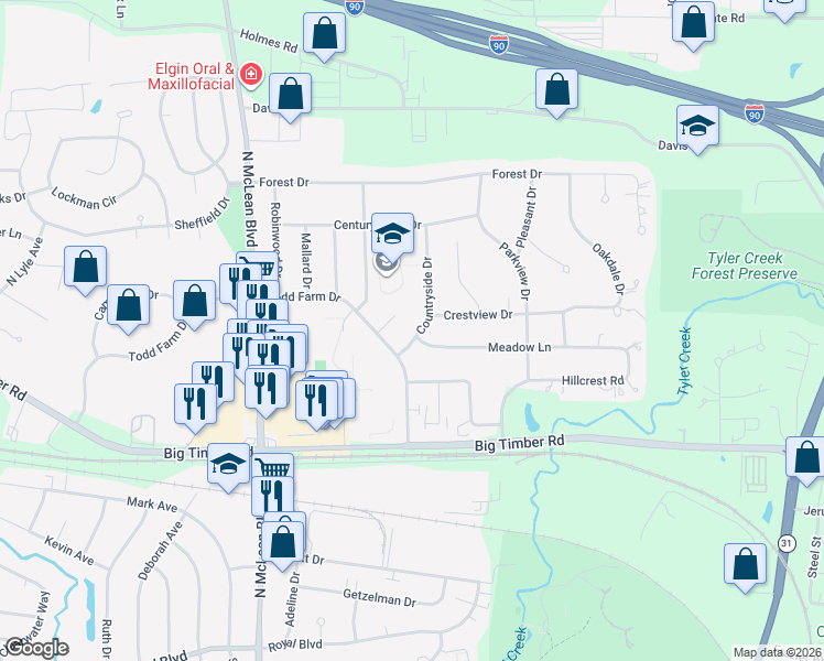 map of restaurants, bars, coffee shops, grocery stores, and more near 1140 Countryside Drive in Elgin