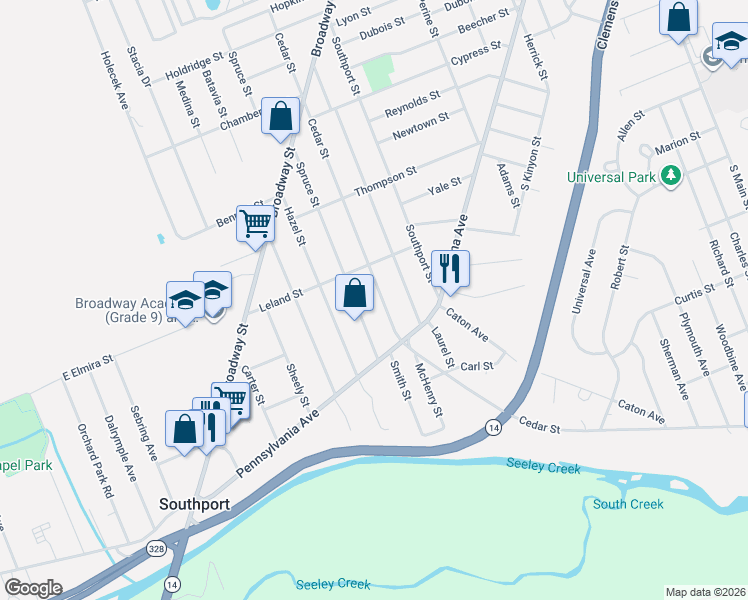 map of restaurants, bars, coffee shops, grocery stores, and more near 916 Cedar Street in Elmira