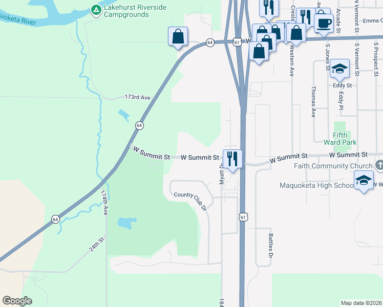 map of restaurants, bars, coffee shops, grocery stores, and more near 17933-18399 West Summit Street in Maquoketa