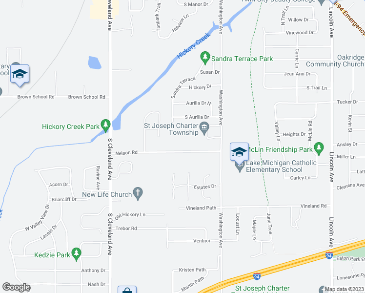 map of restaurants, bars, coffee shops, grocery stores, and more near 1447 Nelson Road in St. Joseph