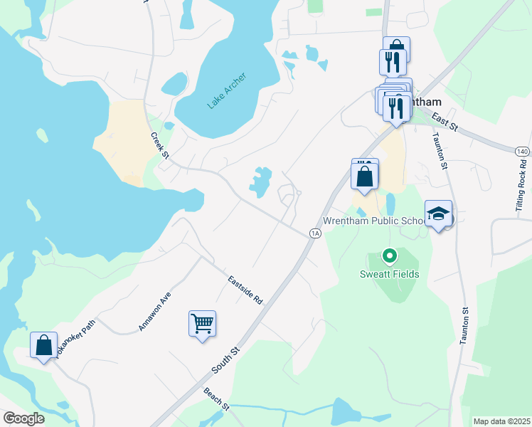 map of restaurants, bars, coffee shops, grocery stores, and more near 66 Creek Street in Wrentham