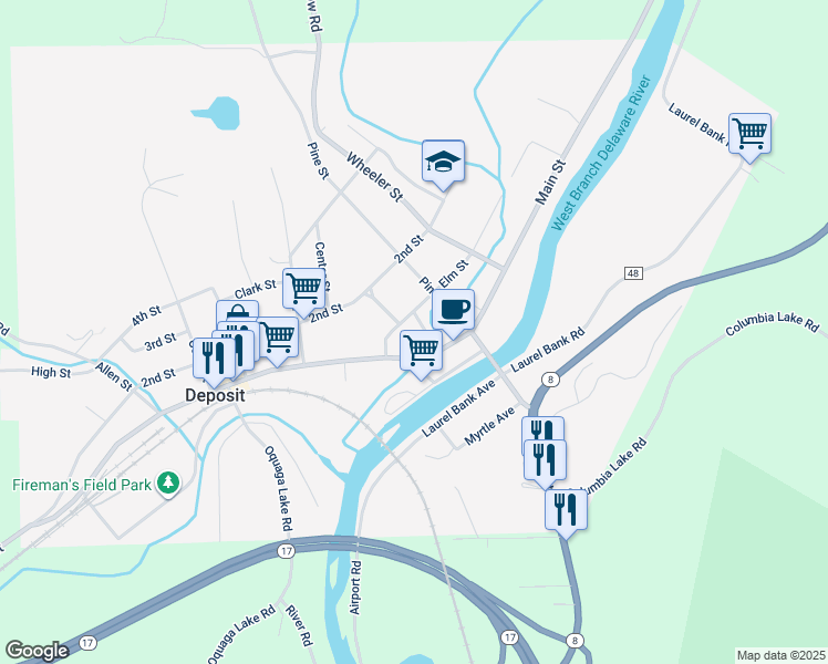 map of restaurants, bars, coffee shops, grocery stores, and more near 215 Front St in Deposit