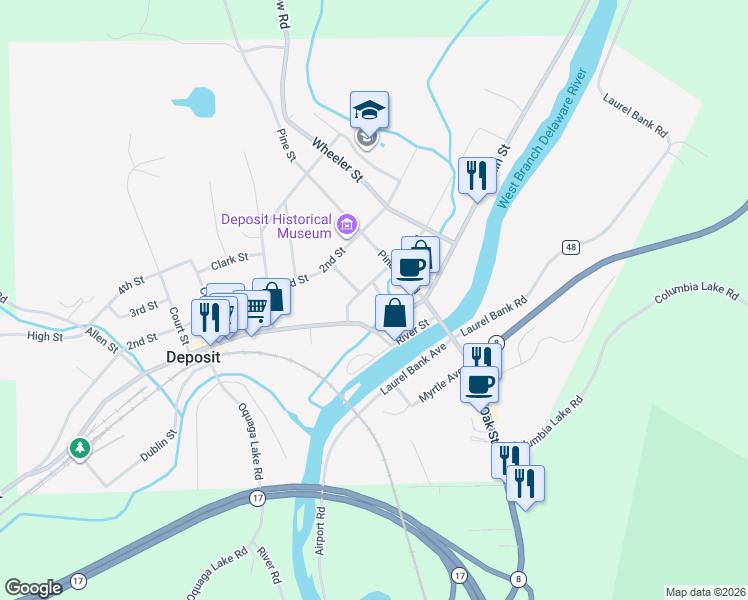 map of restaurants, bars, coffee shops, grocery stores, and more near 215 Front St in Deposit
