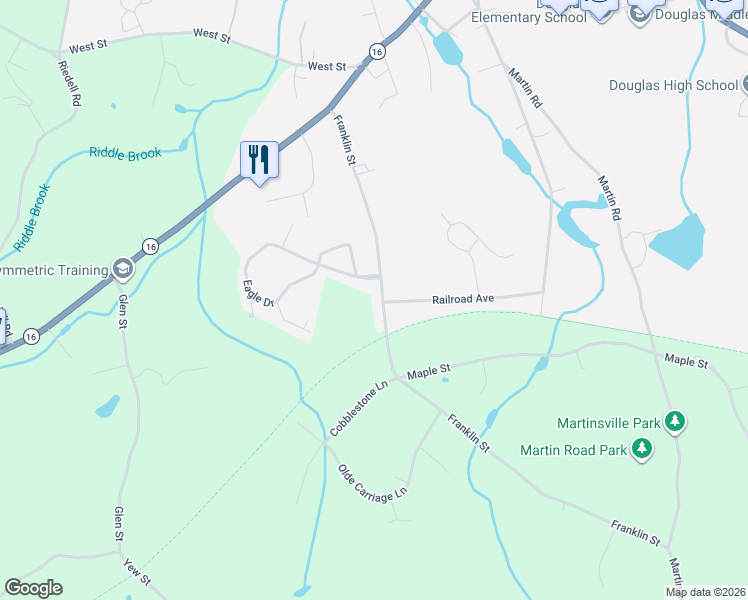 map of restaurants, bars, coffee shops, grocery stores, and more near 43 Franklin Street in Douglas