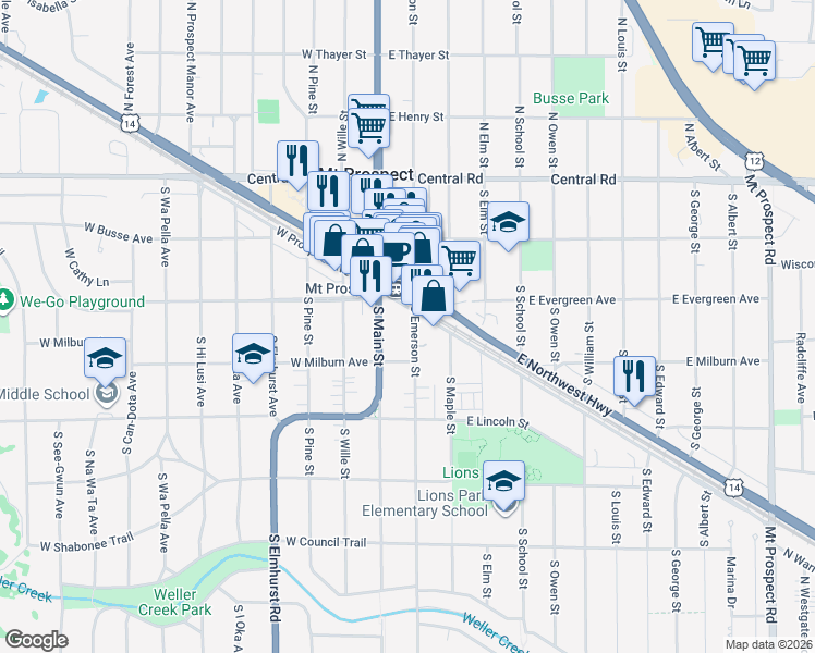 map of restaurants, bars, coffee shops, grocery stores, and more near 212 South Emerson Street in Mount Prospect