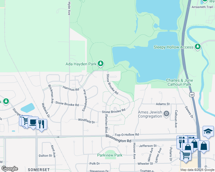 map of restaurants, bars, coffee shops, grocery stores, and more near 4223 Stone Brooke Road in Ames