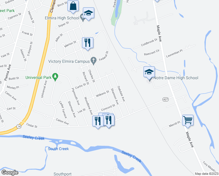 map of restaurants, bars, coffee shops, grocery stores, and more near 1168 Shannon Avenue in Elmira