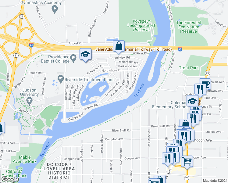 map of restaurants, bars, coffee shops, grocery stores, and more near 1110 Candlewood Road in Elgin