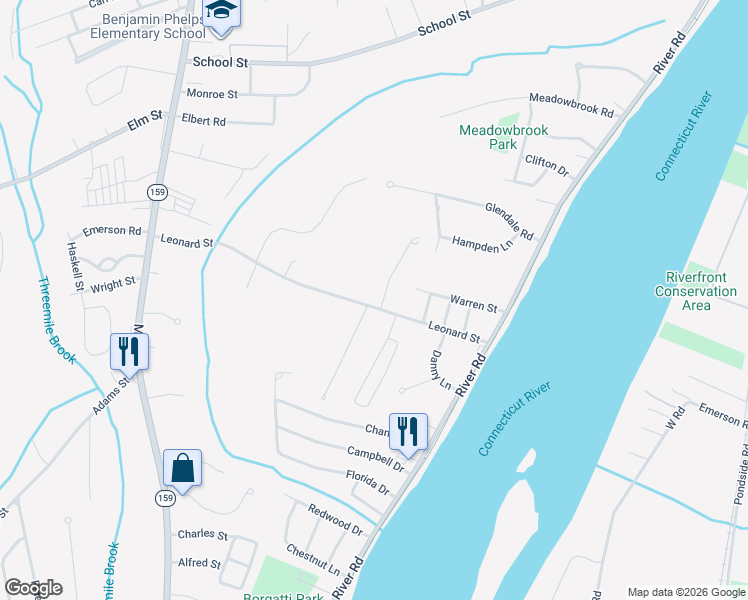map of restaurants, bars, coffee shops, grocery stores, and more near 212 Leonard Street in Agawam