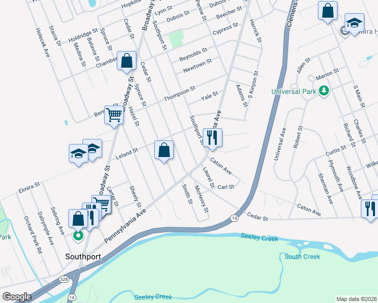 map of restaurants, bars, coffee shops, grocery stores, and more near 918 Laurel Street in Elmira