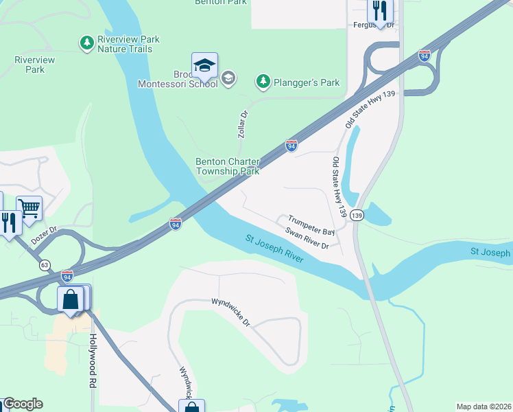 map of restaurants, bars, coffee shops, grocery stores, and more near 553 Swan River Drive in Benton Harbor