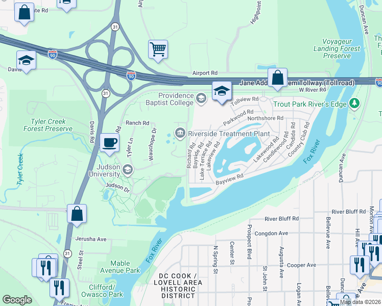 map of restaurants, bars, coffee shops, grocery stores, and more near 30 Lake Terrace Road in Elgin
