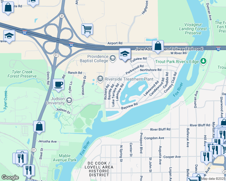 map of restaurants, bars, coffee shops, grocery stores, and more near 30 Lake Terrace Road in Elgin