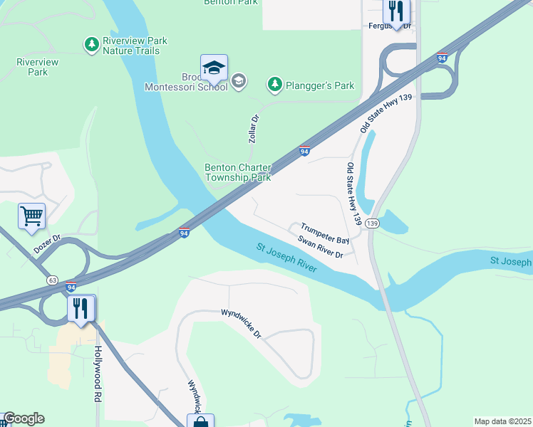 map of restaurants, bars, coffee shops, grocery stores, and more near 553 Swan River Drive in Benton Harbor