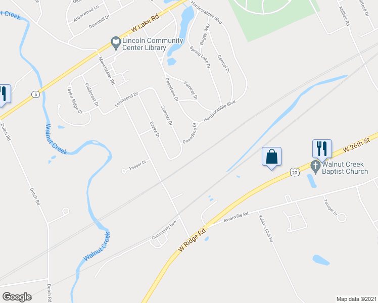 map of restaurants, bars, coffee shops, grocery stores, and more near 1527 Pasadena Dr in Erie