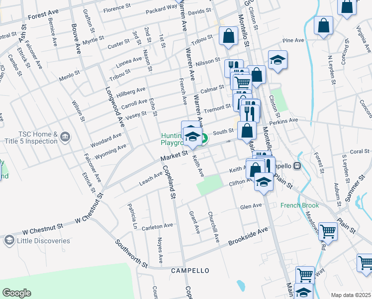 map of restaurants, bars, coffee shops, grocery stores, and more near 120 Market Street in Brockton