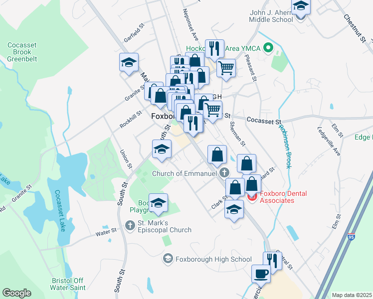 map of restaurants, bars, coffee shops, grocery stores, and more near 8 Shaw Place in Foxborough