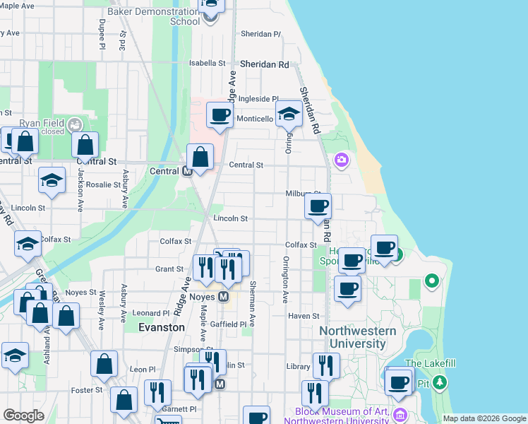 map of restaurants, bars, coffee shops, grocery stores, and more near 728 Lincoln Street in Evanston