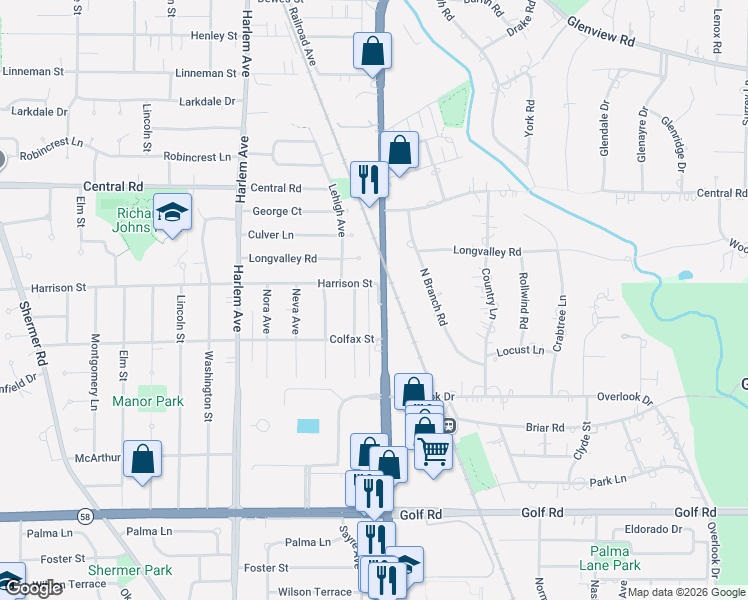 map of restaurants, bars, coffee shops, grocery stores, and more near 333 Waukegan Road in Glenview