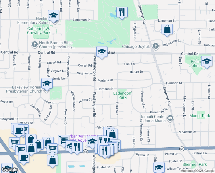 map of restaurants, bars, coffee shops, grocery stores, and more near 330 Alexis Court in Glenview