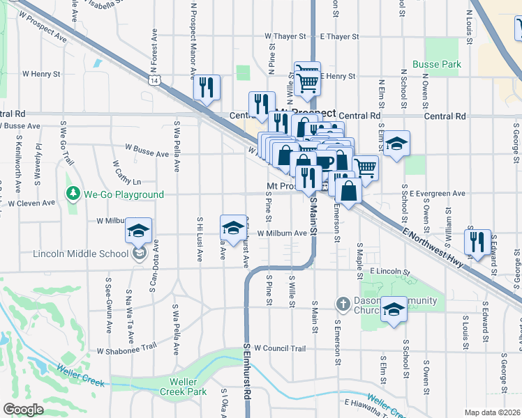 map of restaurants, bars, coffee shops, grocery stores, and more near 217 South Elmhurst Avenue in Mount Prospect