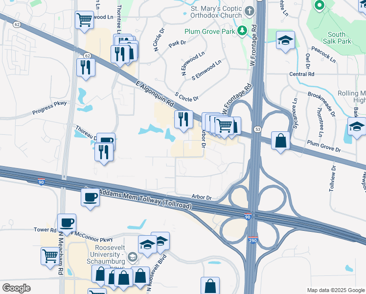 map of restaurants, bars, coffee shops, grocery stores, and more near 4710 Arbor Drive in Rolling Meadows